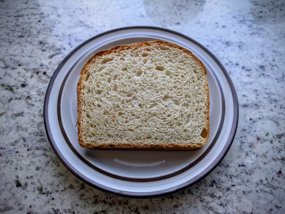 slice of white bread with perfect, medium-tight crumb on a plate