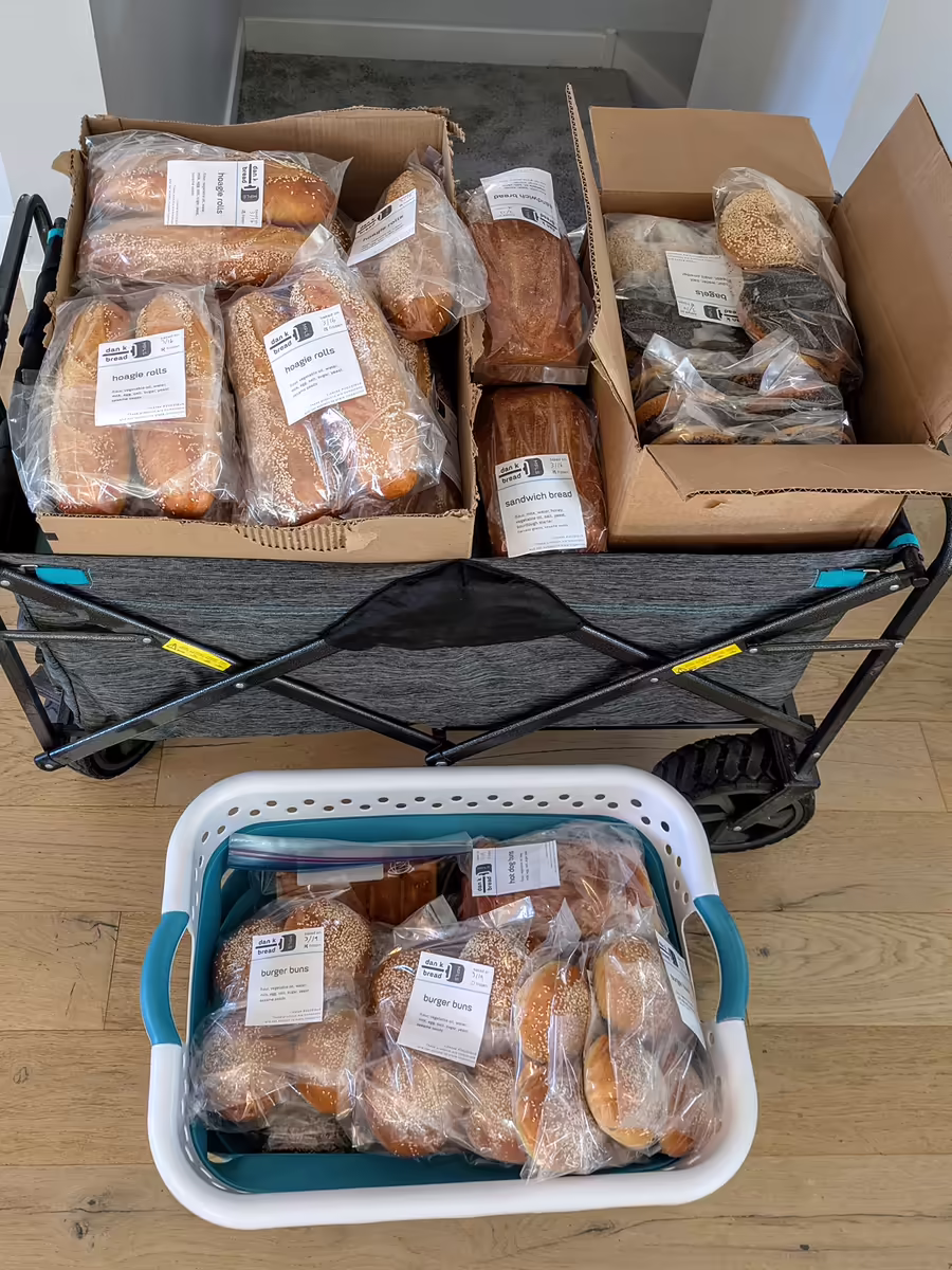 Costco card and laundry basket loaded up with a week's worth of baking, ready for the bake sale